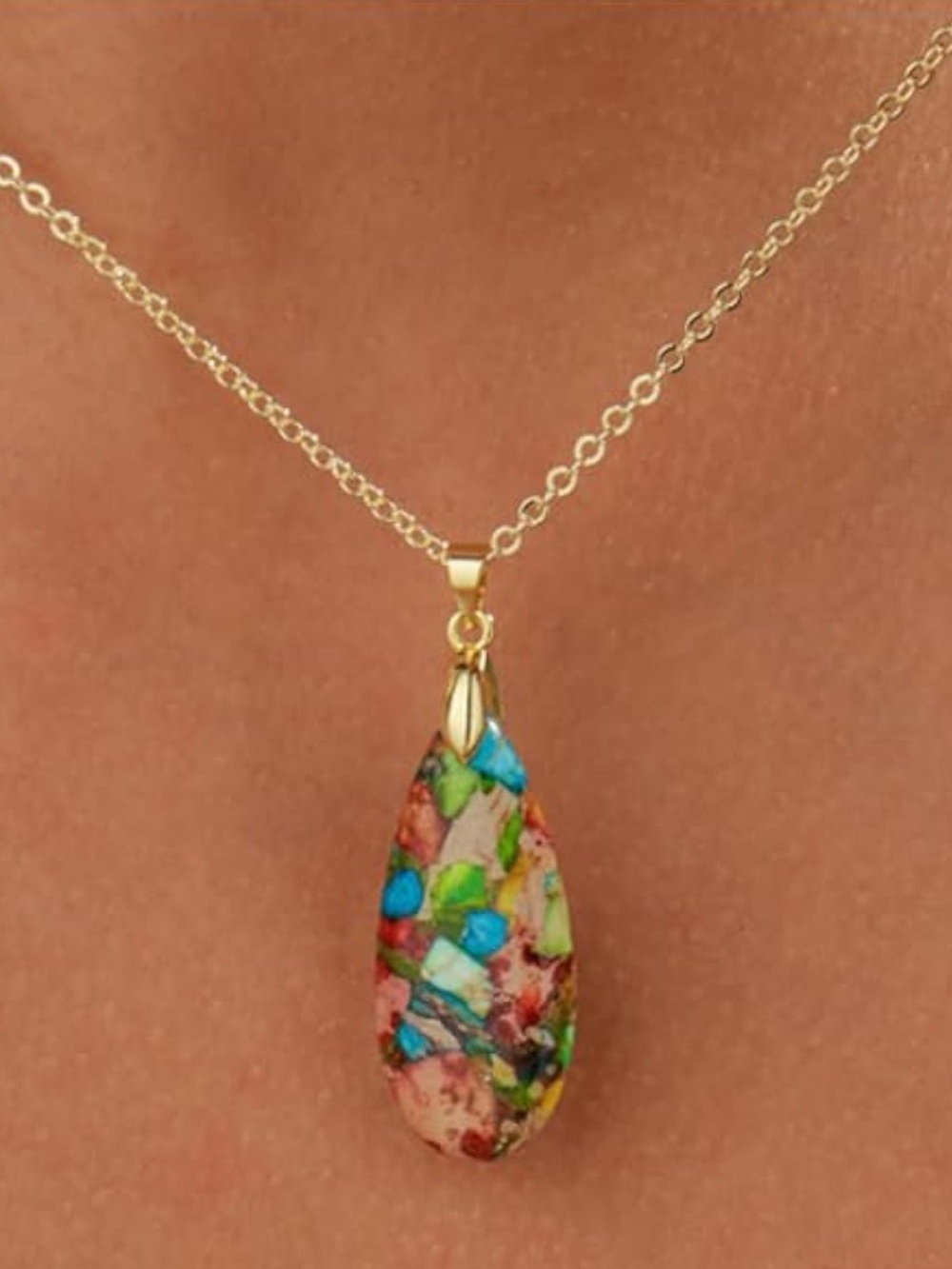 Anthropologie Gold Tear-Drop Pendant with Multicolor Mosaic - Picture 2 of 4